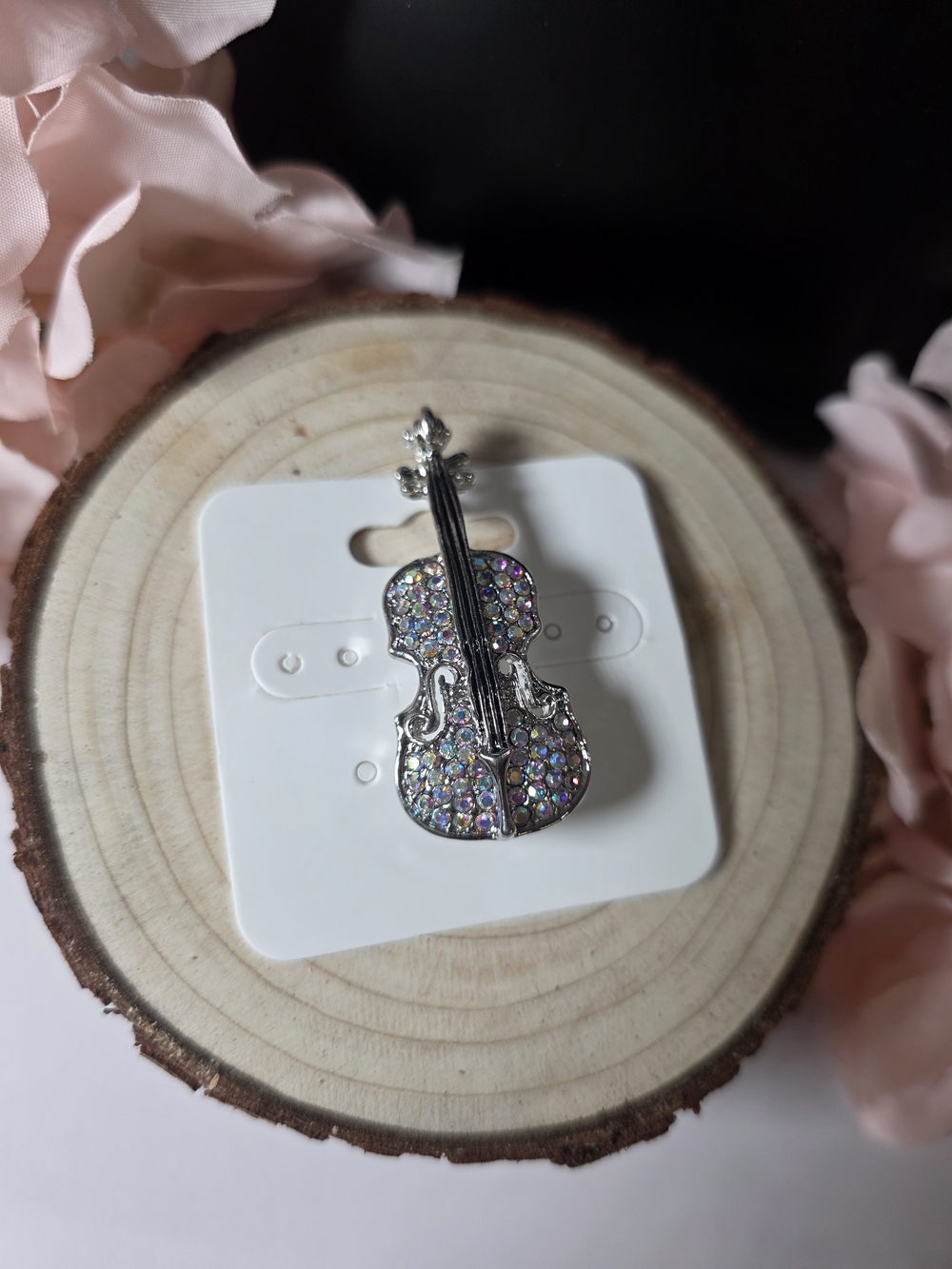 Silver Violin Brooch with Multicolor Crystals - Women Jewelry